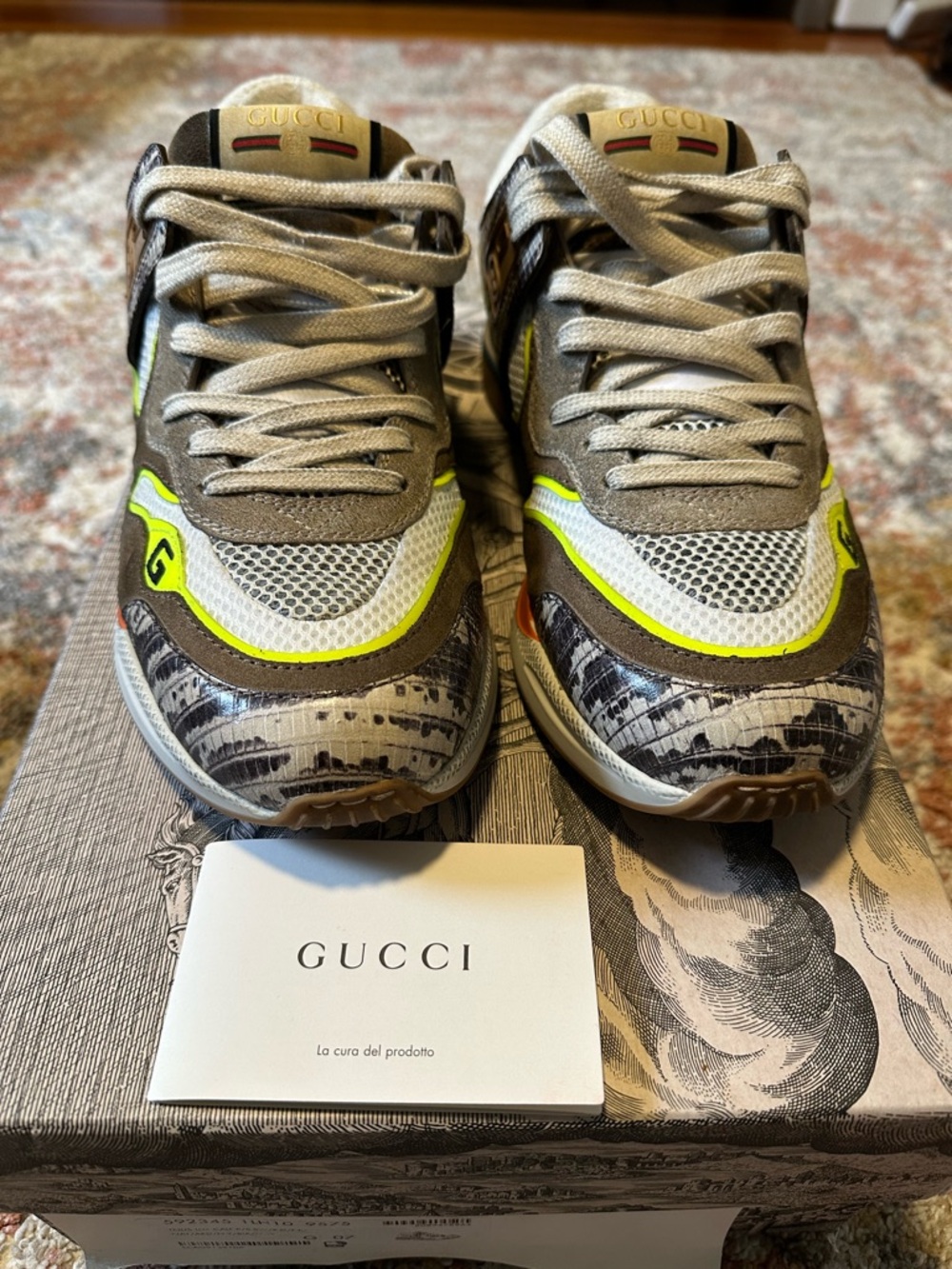 Gucci Beige, White and Neon Yellow Mixed-Material Sneakers
